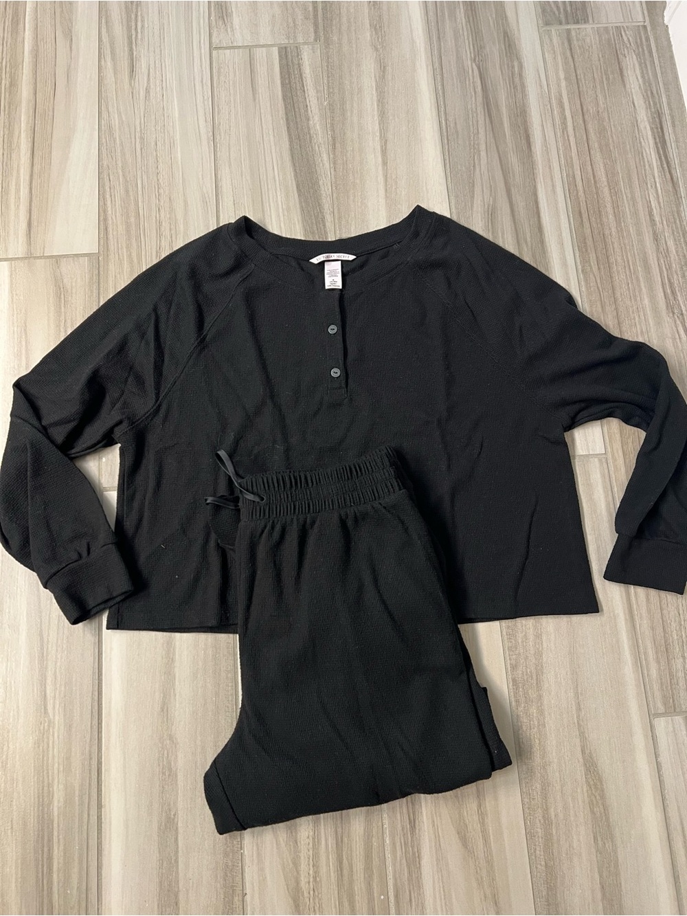 Victoria's Secret Black Waffle-Knit Henley Pajama Set